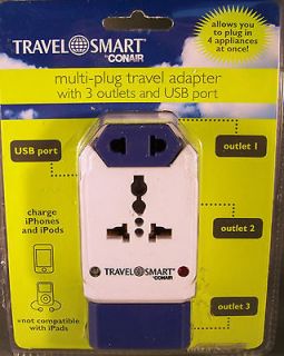 SMART BY CONAIR MULTI PLUG TRAVEL ADAPTER WITH 3 OUTLETS AND USB PORT