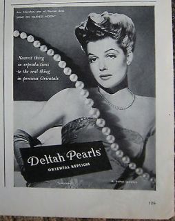 1944 Vintage DELTAH PEARLS Jewelry Ann Sheridan Necklace Photo Ad