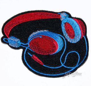 Retro DJ Headphones 80s Blue Red Hipster Iron On Embroidered Patch