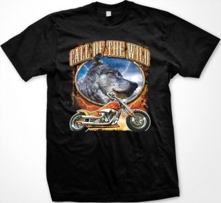 Call of the Wild Men’s T Shirt Biker Chopper Motorcycle Wolf Design