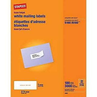 Staples White Inkjet Laser Address Labels 1 X 2 5/8 3,000 Avery 8160
