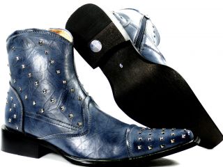New Bravo Sonic Blue Mens Boots Pointed Toe Studded With Zippers On