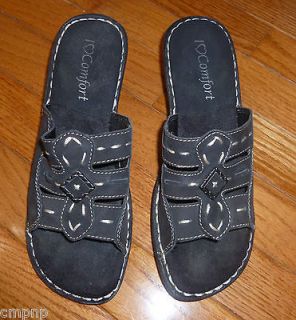 Ladies I LOVE COMFORT Leather Sandal FlipFlop Kitten Heel Black Shoe