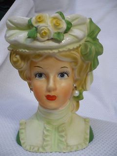 Beautiful, Old Inarco Victorian Lady Head Vase #E 5106, Green & White