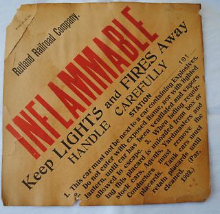 RARE Vintage early 1900s Rutland Railroad Inflammable Placard, 10.5