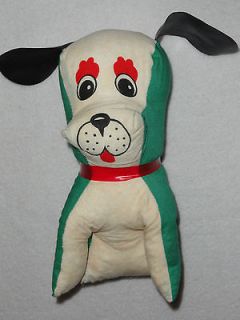 Vintage Stuffed Dog Carnival Fair Prize Plastic Red Collar Ears Green