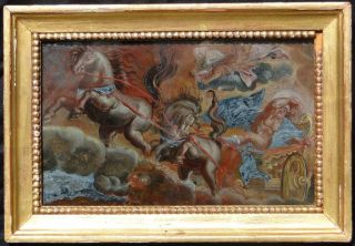 AN ANTIQUE REVERSE OLD MASTER SCHOOL MYTHOLOGICAL PAINTING ON GLASS