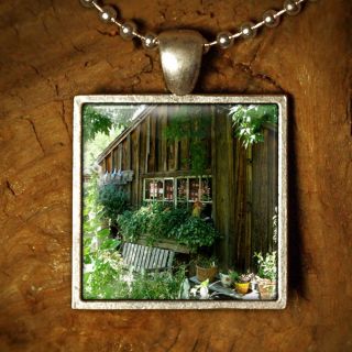 Cottage In The Woods Domed Glass Tile Art Necklace Pendant in Silver
