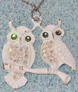 Vintage Retro Sterling Silver Chain Rhinestone White Owl Necklace