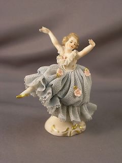 Vintage Dresden Blue Lace & Pink Flowers Lady Ballerina Figurine
