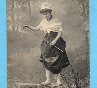 LOT 3 Edwardian woman ANGLER w/BAMBOO ROD. Old 1900s postcards SET of