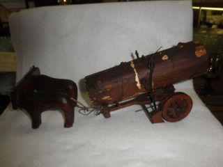 Antique Hand Made Carved Wood OX Oxen Log Wagon Childs Toy 5.5 tall x