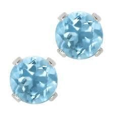 CTW ROUND AQUAMARINE STUD EARRINGS ~ STERLING SILVER ~ GIFT BOX