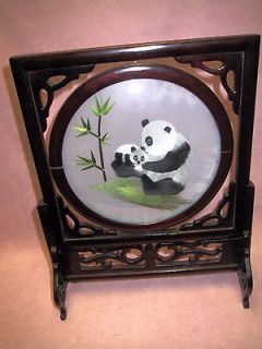 Asian Wooden Stand Framed Pandas Needlework Print Round Rotating