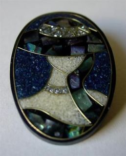 Laminated Clear Lucite Mosaic Brooch Pin Lady with Hat Confetti Brass