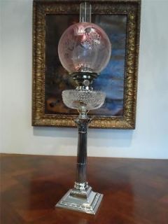 VICTORIAN (1860) HINKS CRANBERRY & SILVER CORINTHIAN COLUMN OIL LAMP