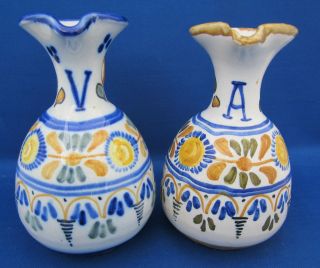 Pair Oil Vinegar Cruets Pitchers Talavera Spain Pottery Gold Blue