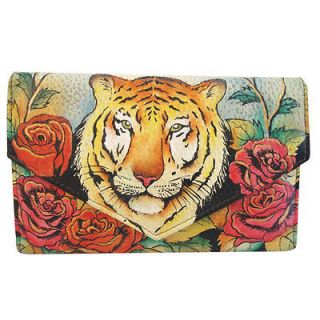 Anuschka Leather Hand Painted Tiger Love Roses Floral Checkbook Wallet