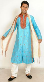 Blue Silk Sherwani Designer Mens Kurta Salwar Kameez Indian Wedding