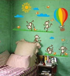 Dancing Monkey Hot Air Balloon Wall Sticker Nursery Kids Room Decor