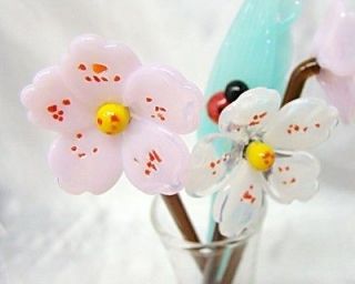 NEW Hand Blown Glass Cherry Blossom Flowers & Leaves Set with Vase and