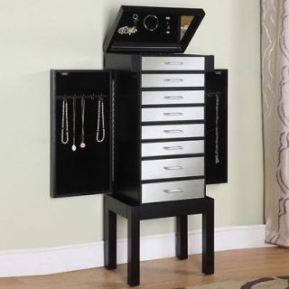 Modern Black Jewelry Armoire with Mirrored Drawer Fronts Side Cabinets