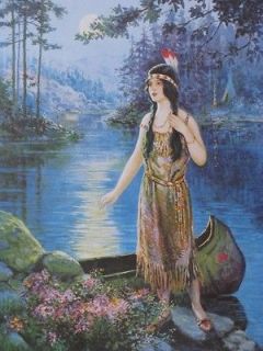 INDIAN MAIDEN IN MOONLIGHT WITH CANOE KEEPING THE TRYST BY F. R