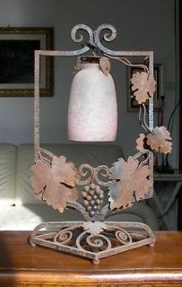1920s Art Deco Wrought Iron Table Lamp & Pâte de Verre TULIP signed