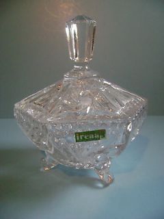 Poland Pressed Crystal Glass Covered Dish w/ Cut Glass Artwork 3  Legs