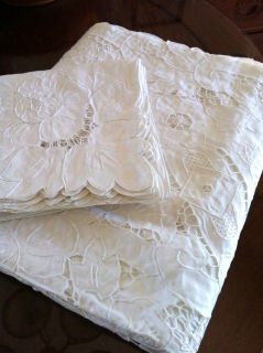 White Cutwork Emb 100% Linen Tablecloth /12 Napkins Xmas Thanksgiving