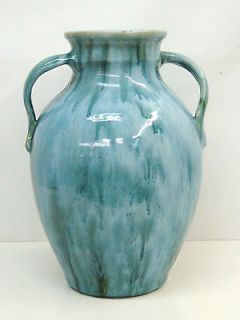 Large Curved Double Handle Turquoise Blue Glazed Vase, 12