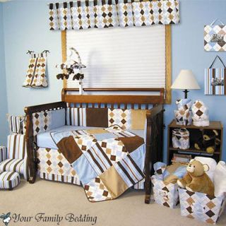 Trend Lab Blue Brown Stripe Solid Baby Boy Crib Nursery Blanket 