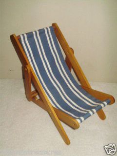 AMERICAN GIRL Beach Chair Wooden Chair with Blue & White Fabric Seat