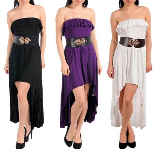 Stunning Black Purple White Ruffled Mullet Dress w Elastic Belt Sizes