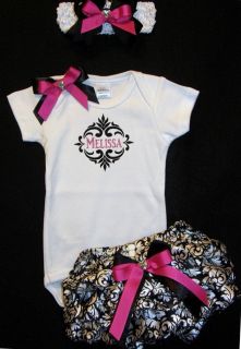 Personalized Infant Baby Girl Onesie Diaper Cover Hairbow Satin Damask
