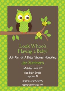GREEN OWL NEUTRAL BOY BABY SHOWER INVITATION BIRTHDAY ANNIVERSARY