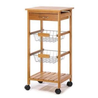 Bamboo and Chrome Look Rolling Kitchen Cart island / shelf / basket