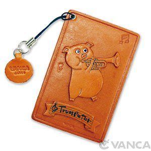 Pig with Trumpet Handmade Leather Commuter ID Pass Card Holder *VANCA