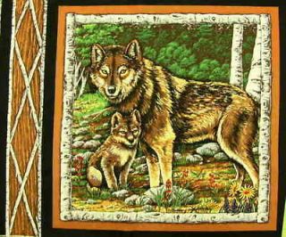 Wolf Mother and Cub Birch Branch Framed Panel Fabric Pillow Panel