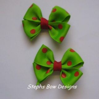 GREEN & RED POLKA DOTS PIGTAIL CUTE HAIR BOW SET CLIP or BARRETTE