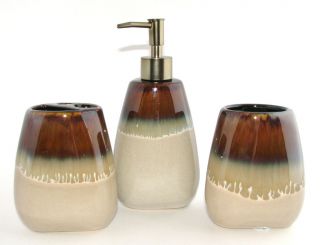 BROWN+BEIGE CERAMIC BATHROOM SOAP DISPENSER+TOOT HBRUSH HOLDER+TUMBLER