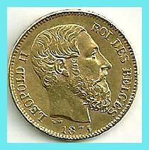 BELGIUM   1874  GOLD COIN 20FRANCS. UNCIRCULATED 