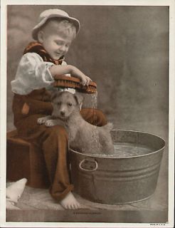 Child Gives His Dog A Bath in a Wash Tub w Scrub Brush c1940 Vintage