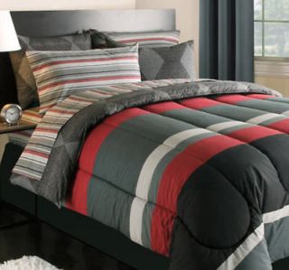 Gray Red Stripes Boys Teen Twin Comforter Set (5 Piece Bed In A Bag