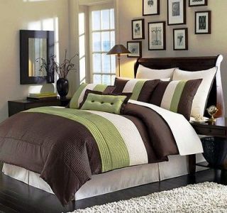 , Green and Brown Luxury Stripe Duvet Cover Set Queen Size Bedding