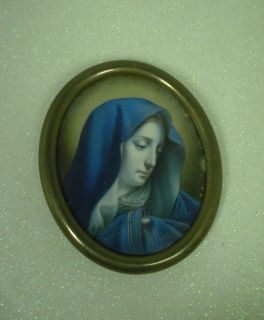 Fine Antique Italian Portrait Painting of Madonna Signed GA in Brass