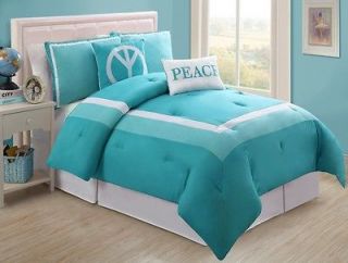 Reversible Turquoise/Whit e PEACE Bed in a Bag Comforter Bedding Set