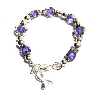 Awareness Silver Circles Purple Lavender Beaded Charm Bracelet