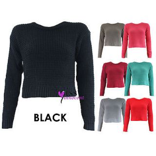 LADIES CHUNKY KNIT CROP TOP JUMPER WOMEN LONG SLEEVE KNITTED PLAIN