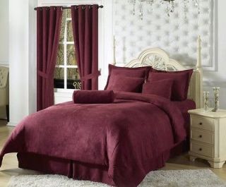 7pcs Solid Burgundy Red Micro Suede Duvet Cover Bedding Set King Size